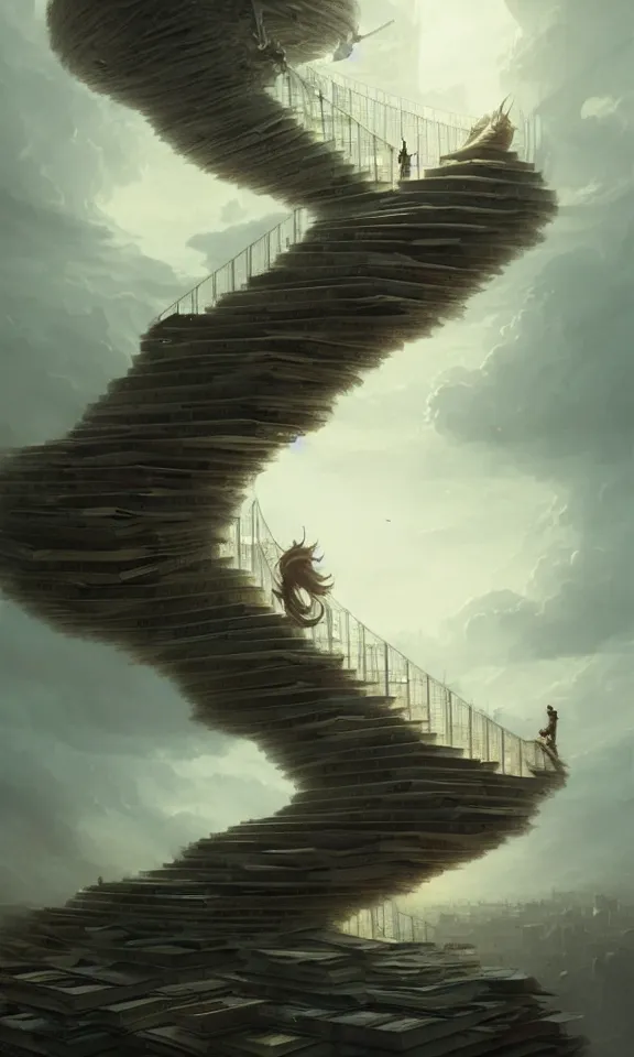 Image similar to endless stairs made of books leading to heaven, sky full of clouds, art by greg rutkowski and peter mohrbacher, featured in artstation, octane render, cinematic, elegant, intricate, ultra detailed, rule of thirds, professional lighting, unreal engine, fantasy, concept art, sharp focus, illustration, 8 k