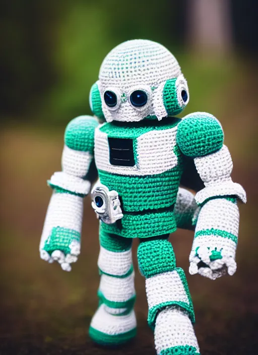 Prompt: a crochet mecha with hands, realistic, no cropping, full body, Sigma 50 mm f/1.4