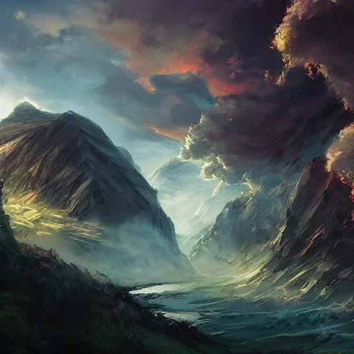 Prompt: fantasy book cover painting, dramatic shot of a lively landscape in the country, wallpaper by Ross Tran