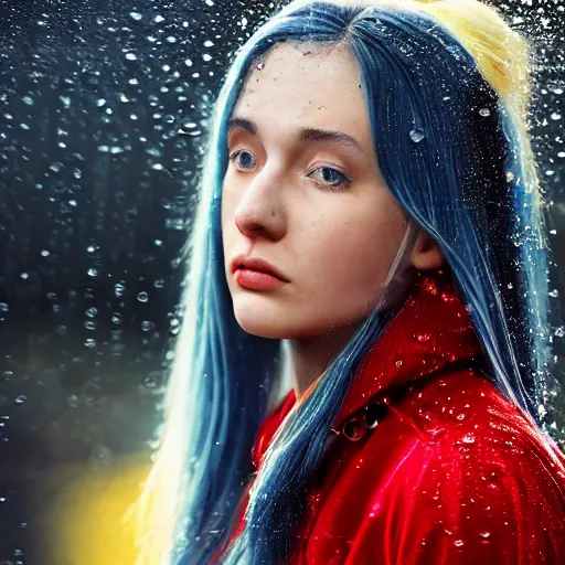 Prompt: a beautiful girl with long blue hair in a ponytail, with bangs, pale skin, yellow eyes, fully clothed in red robes, highly detailed, 8 k, octane render, professional portrait, realistic oil painting, rainy window, volumetric lighting, water droplets frozen in time, sprites, god rays,