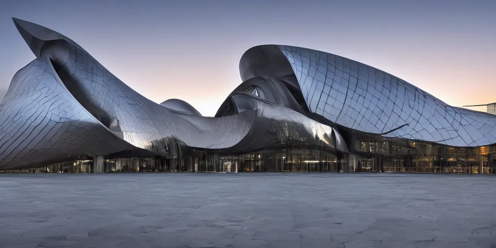 Image similar to extremely elegant smooth detailed stunning sophisticated beautiful elegant futuristic museum exterior by Zaha Hadid, Milan buildings in the background, smooth curvilinear design, stunning volumetric light, stainless steal, concrete, translucent material, beautiful sunset, tail lights