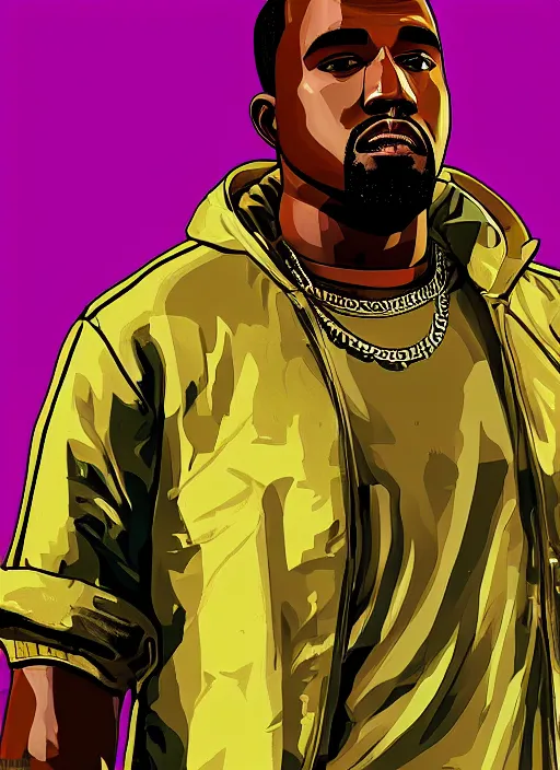 Image similar to illustration gta 5 artwork of holy saint kanye west, gold, ( jesus ), in the style of gta 5 loading screen, by stephen bliss