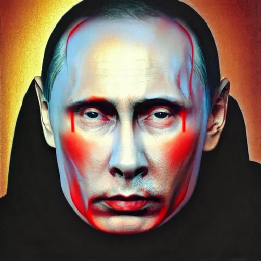 Image similar to stupid idiot degraded retard vlad putin photo - realistic, color image, hyper realistic, 2 k, highly detailed, occult art, by giger, fractal structure