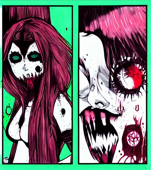 Image similar to horror acid colors, a dark picture comic featuring blood horror and goth anime girls, anime vampires, evil horror vibes