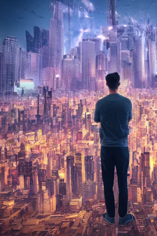 Image similar to close - up of a man standing in front of a giant city of the future