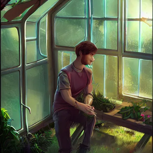 Image similar to scifi greenhouse boy with grandma, artstation