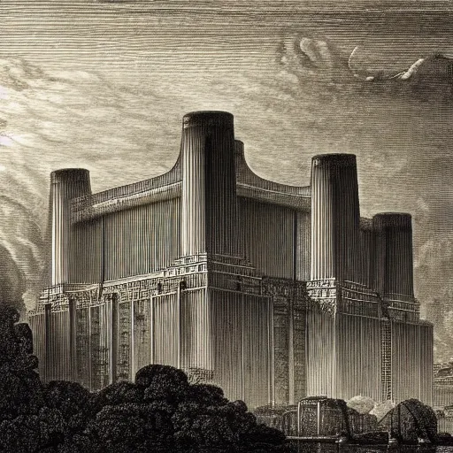 Prompt: A detailed engraving of a battersea power station in the style of gustave dore, escher and piranesi