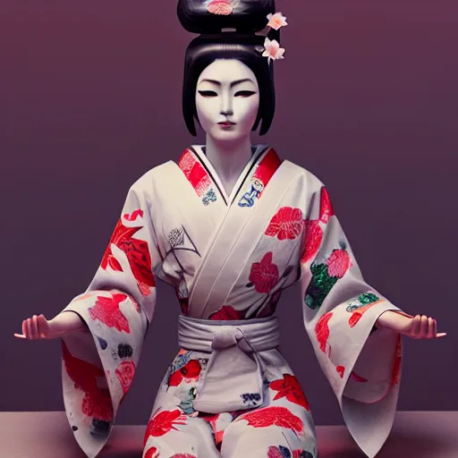 Image similar to an android geisha in a lotus position wearing a flowing kimono and tattoos, octane render, unreal engine, 8 k, cinematic, artwork by ilya kuvshinov