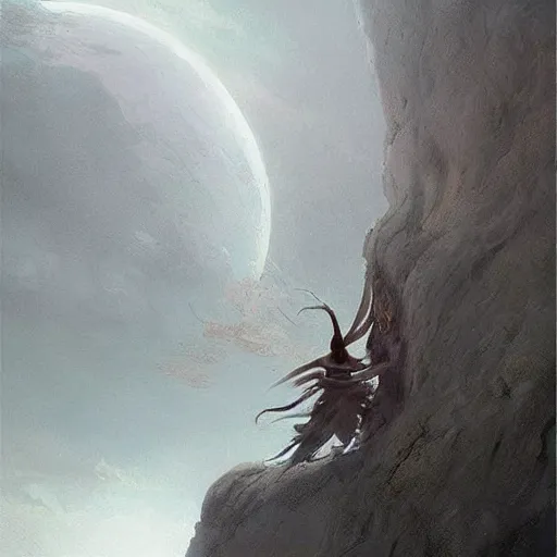 Prompt: a beautiful terrifying pale humanoid giant reaches out its hand to grab a tiny human. ethereal fantasy art by greg rutkowski