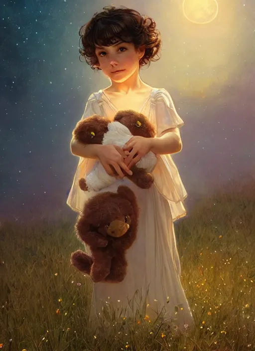 Image similar to A cute little girl with short curly brown hair. She is standing in a field at night holding a care bear, looking up and the sky is filled with constellations. beautiful fantasy art by By Artgerm and Greg Rutkowski and Alphonse Mucha, trending on artstation.