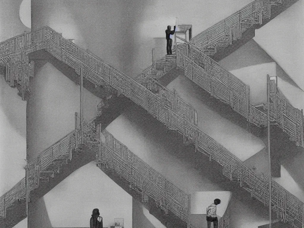 Image similar to lithograph printed in 1976. It depicts a man in an art gallery viewing a print of a seascape. The man's reflection is seen in the print, and the reflection shows the man walking down a staircase. The staircases in the print appear to be infinite, By M. C. Escher, colorized by Hayao Miyazaki