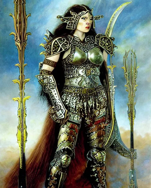 Prompt: a fierce and muscular warrior princess in full armor, fantasy character portrait by howard david johnson, kay nielsen, yael nathan