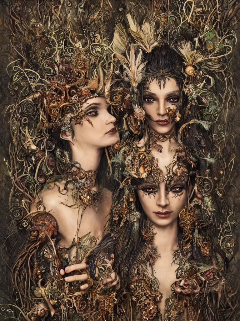 Image similar to a centered photo of a gorgeous dark tribal fairy with face tatoos wearing ornate and intricate jewellery made from sticks and feathers and leaves and jewels dancing through a mushroom forest, Photorealistic, Detailed, Realism, Fantasy, Voluemetric Lighting, Global Illumination, Subsurface Scattering, Photographic Color Scheme blur, by Karol Bak:10, by brian froud:5, by beeple:3, HD | trending on artstation