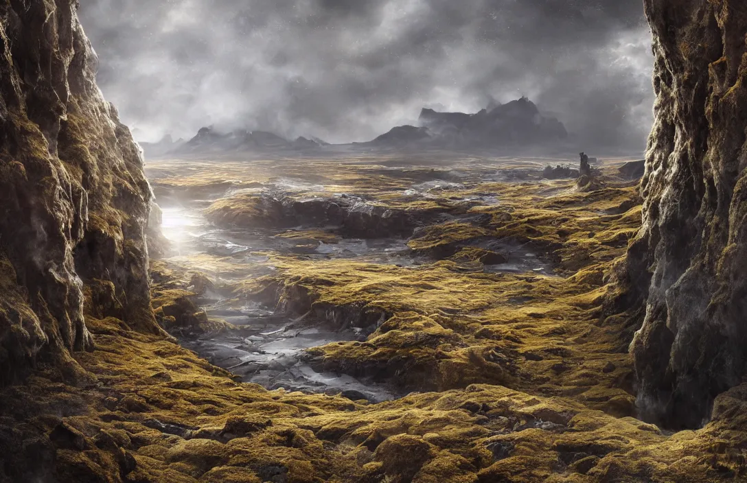 Image similar to a highly detailed icelandic environment on the edge of an huge abyss, detailed intelligent scrollwork, hyperreal phantastic, intricate details in environment, meeting point, luminance, golden ratio, high aestehtic, cinematic light, dramatic light, godrays, distance, photobash, wideangle, bierstadt, hyperreal 4 k