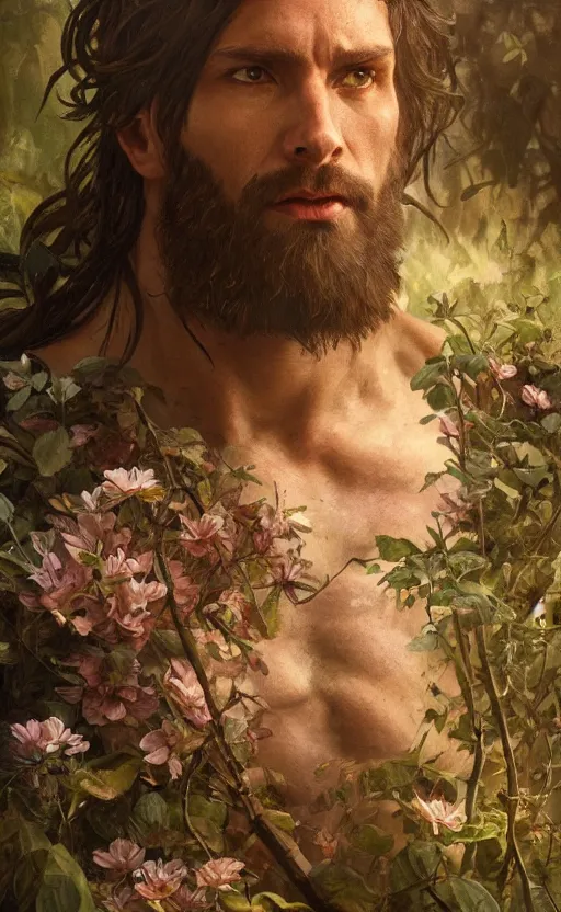 Image similar to god of the forest, 3 0 years old, rugged, handsome, male, detailed face, clean lines, atmospheric lighting, amazing, full body, flowers, muscular, intricate, highly detailed, digital painting, artstation, concept art, sharp focus, illustration, art by greg rutkowski and alphonse mucha