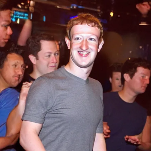 Image similar to mark zuckerberg standing straight in the middle of a club, people are dancing around him, there are toilet seats next to him, very detailed, hyper realistic.