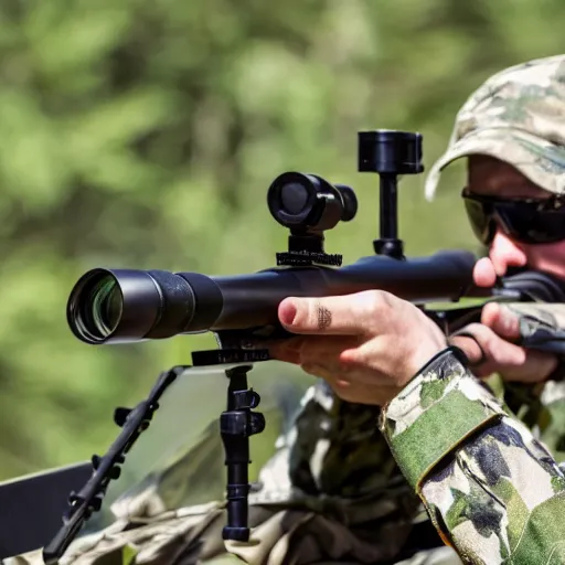 Prompt: photo of a sniper aiming through the scope of his rifle, side view, 4 k, camouflage, foliage