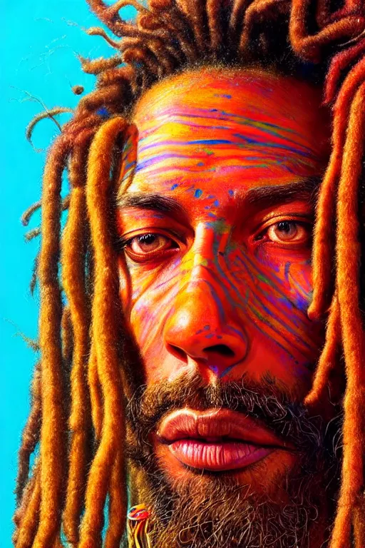 Image similar to hyperrealistic close - up portrait of psychedelic colorful acid neuro - shaman dreadlocks hippy highly detailed concept art eric zener elson peter cinematic hard lighting high angle hd 8 k sharp shallow depth of field, inspired by denis villeneuve and zdzisław beksinski