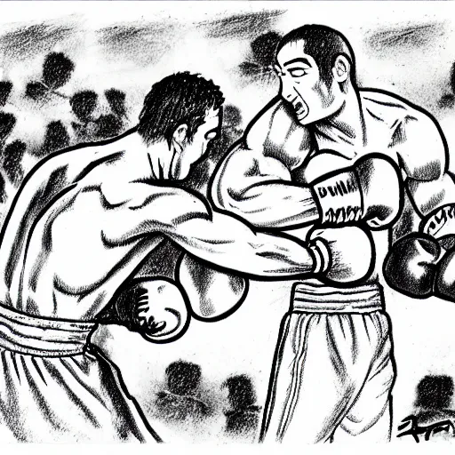 Image similar to professional drawing in the style of kentaro miura of boxing world champion rocky marciano punching