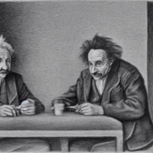 Image similar to Einstein and Newton sitting at cafe, pencil drawing, ultra detailed