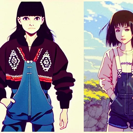 Image similar to a beautiful boyish natalie portman gravure model, wearing oversized mayan bomber jacket and leotard with overalls, bulky poofy bomber jacket with mesoamerican patterns, mesoamerican street fashion, gapmoe yandere grimdark, trending on pixiv fanbox, painted by greg rutkowski makoto shinkai takashi takeuchi studio ghibli, akihiko yoshida