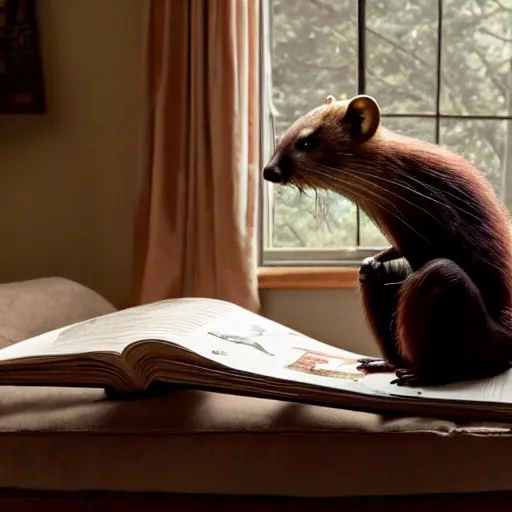 Prompt: A scene from a 2022 Marvel film featuring a humanoid pine marten reading on a couch. An anthropomorphic pine marten wearing a loose white shirt. 8K UHD.