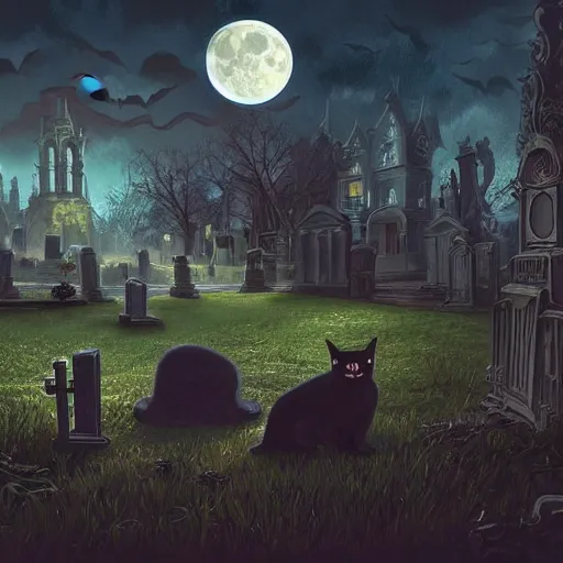 Image similar to an ultradetailed animation of a black cat in graveyard at midnight halloween tattoo, digital art, dark fantasy, concept art, soulslike, by alphonse mucha, blood moon eclipse, ruined building in the background, artstation, 8 k, unreal engine render