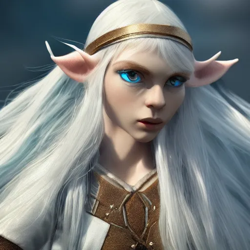 Image similar to a highly detailed elf in full length, with white long hair, white clothes, bright blue eyes, artstation, DeviantArt, professional, octane render