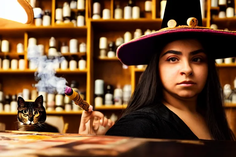 Prompt: 2 0 2 2 photo, close up portrait, dramatic lighting, concentration, calm confident hispanic teen witch and her cat, tarot cards displayed on the table in front of her, sage smoke, magic wand, a witch hat and cape, apothecary shelves in the background, alphonse mucha