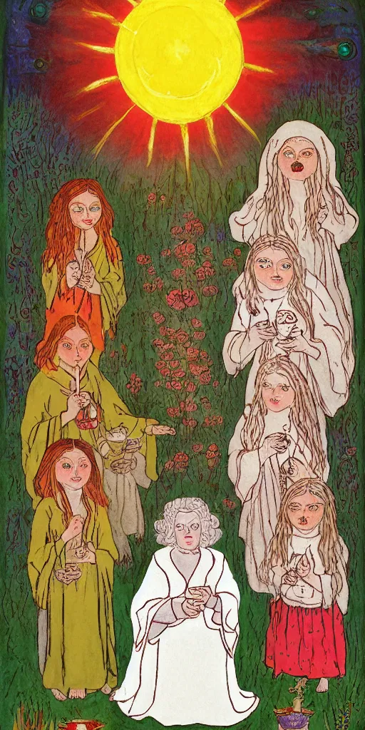 Prompt: small impish joyful creature in white robe with glowing eyes and sun ray flame hair holding lit matches and singing, three sisters visiting, The Queen in the Cave Children's book illustration, traditional folk art style, gouache on paper, outsider art, David Palladini, Mu Pan, Carson Ellis, Julia Sarda, tarot card, Henry Darger, Louis Wain