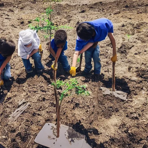 Image similar to a group of children planting trees in front of a clean white sci fi containment building with a utopian city in the distance, hyper realistic, 4 k, hd, artstaion, harsh light, overhead shot