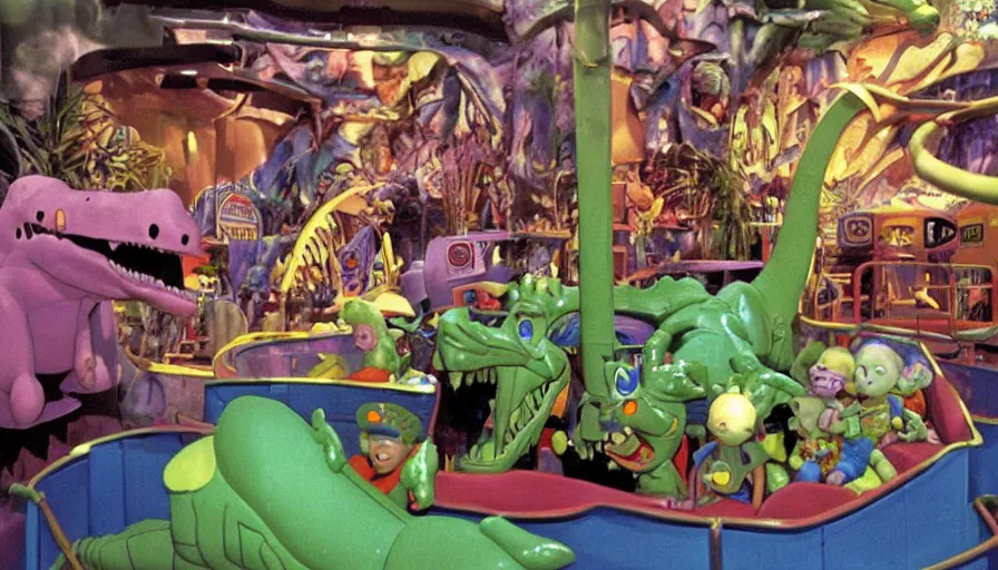 Prompt: 1990s photo of inside the Rugrats show ride at Universal Studios in Orlando, Florida, children riding in baby walkers battling Reptar a large dinsaur, shooting lazers, explosions, cinematic, UHD