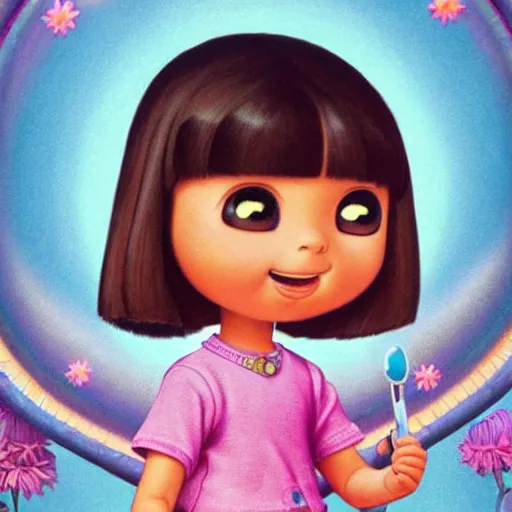 Prompt: portrait of dora the explorer as real girl in happy pose, detailed, intricate complex background, japanese Pop Surrealism, lowbrow art style, muted pastel colors, soft lighting, 50's looks by Mark Ryden,Yosuke Ueno,mucha, artstation cgsociety