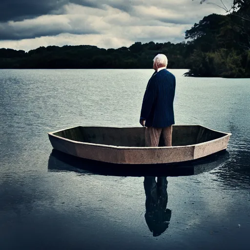 Prompt: realistic photo of a man standing in a small boat swimming in a sea of broken mirrors