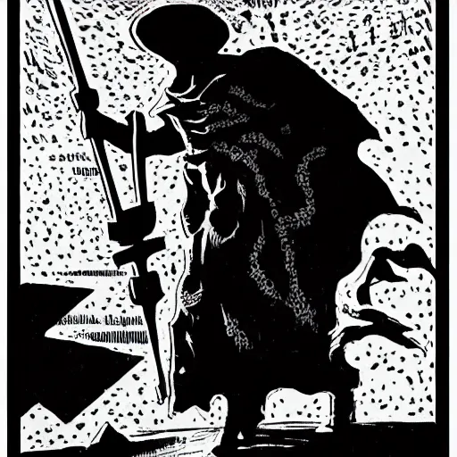 Prompt: The Book of the New Sun (Gene Wolfe). Film Noir, Black and White. High Contrast, Mike Mignola, OSR, DnD