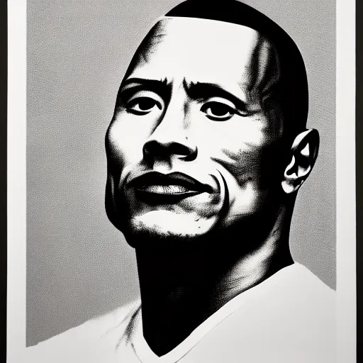 Image similar to a portrait of Dwayne Johnson, made by Andy Warhol, two tone, very high contrast, only black and white, simplistic, extremely high contrast, two tone, notan art, by Andy Warhol, minimalistic,