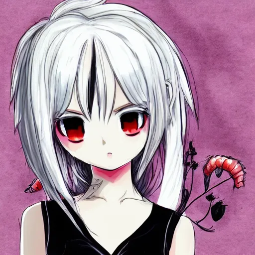 Image similar to white hair, red eyes, two little horns on the head, anime style, anime girl, sketch