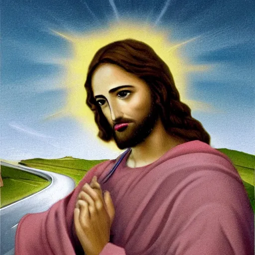 Image similar to jesus driving a car