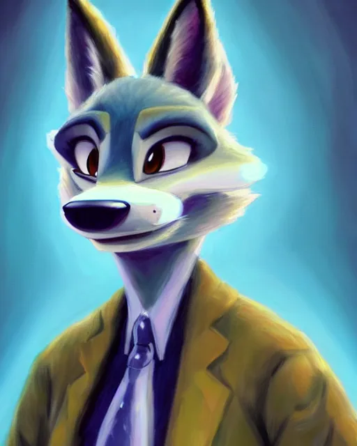 Image similar to oil painting of anthromorphic female wolf, in style of zootopia, zootopia, zootopia, fursona, furry, furaffinity, 4 k, deviantart, furry art, fursona art, wearing black business suit, business suit, in style of zootopia, wolf fursona, cyberpunk, female, very very very expressive detailed feminine face,