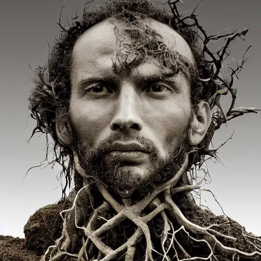 Image similar to a portrait of a man made of roots earth and stone, earthy, nature