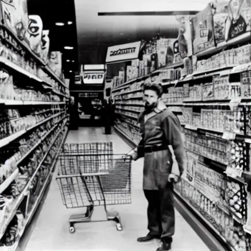 Image similar to film still of Flash Gordon shopping for groceries