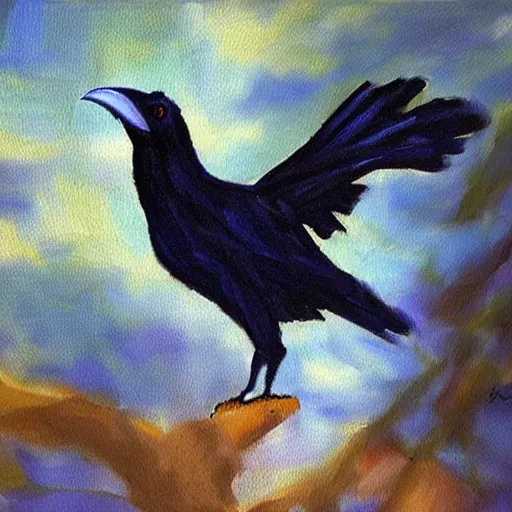 Image similar to impressionist oil painting of a very attractive raven bird