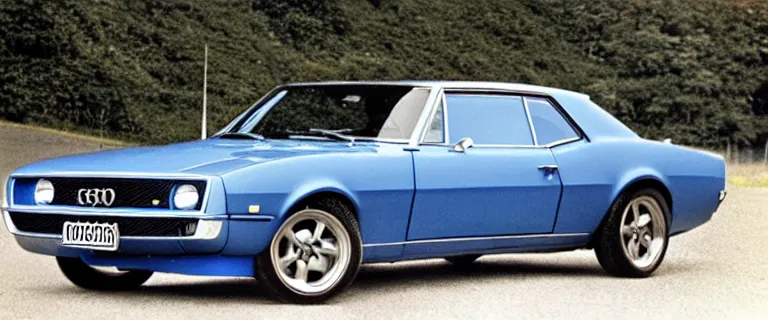 Image similar to denim blue audi camaro b 1 ( 1 9 6 7 ), establishing shot