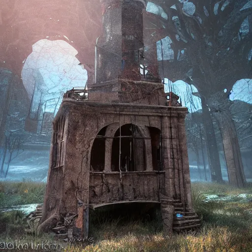 Image similar to an abandoned old rusty clocktower in a dark enormous cave dream photography, painting, perfectly balanced light, digital art, unreal engine, trending on artstation,