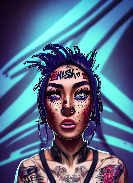 Image similar to a streetwear Studio Trigger style mixed woman wearing thick mascara, crying, a city on fire in the background, police lights shine on her face, tattoos, dark glitter, Cinestill 50d, 4k, 8k, hd, full color, octane render, trending on artstation, highly detailed