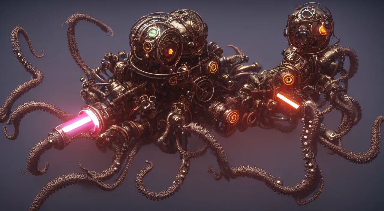 Prompt: steampunk mechanical octopus with glowing emissive eyes hyperrealistic emissive beautfiul artstation portfolio trending Ryan Church concept mist cyberpunk 2077 hardsurface modeling