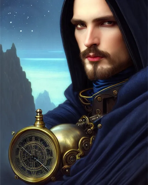 Image similar to handsome male using a mechanical astrolabe device, long black hair blue eyes wearing cloth mantle gothic navy cloak with leather details, cliffside town, fantasy character portrait, ultrarealistic, intricate details, elegant, cinematic lighting, highly detailed, artstation, cgsociety, sharp focus, beautiful digital painting by artgerm, gerald brom, wlop, alphonse mucha