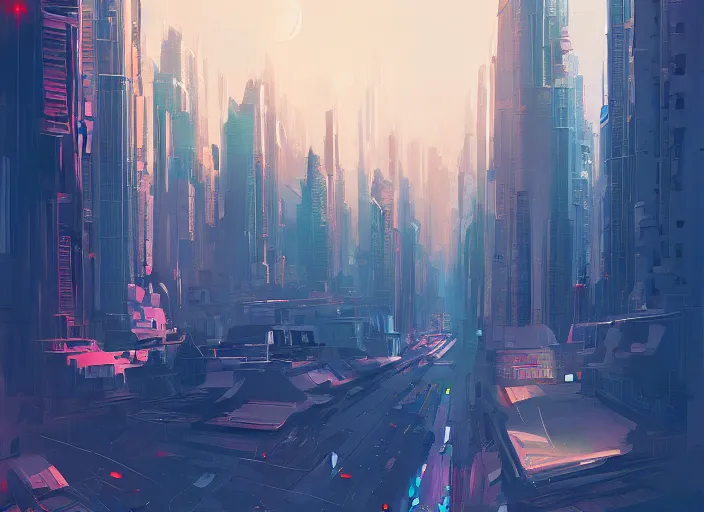 Prompt: A professional digital painting of a sci-fi city with strange angles, by Alena Aenami, trending on Artstation