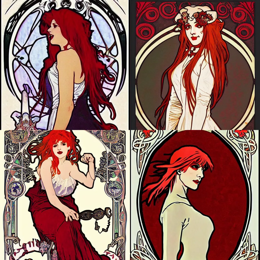 Prompt: Alphonse Mucha, art nouveau, cardstock, pretty female Hayley Williams Paramore, vampire, fully red eyes, sharp teeth smile, victorian dress, long red hair, full body action pose