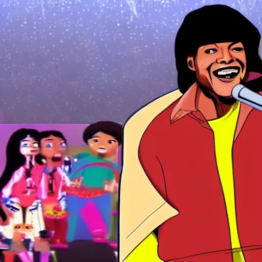 Image similar to marvin gaye singing to michael jackson, cartoon, animated series, unreal engine, psychedelic
